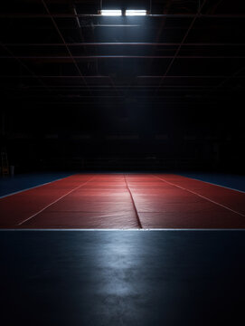 vertical full shot on a photo of a wrestling mat in an empty gym in low light with space for text. concept sport, wrestling, gym, competition,