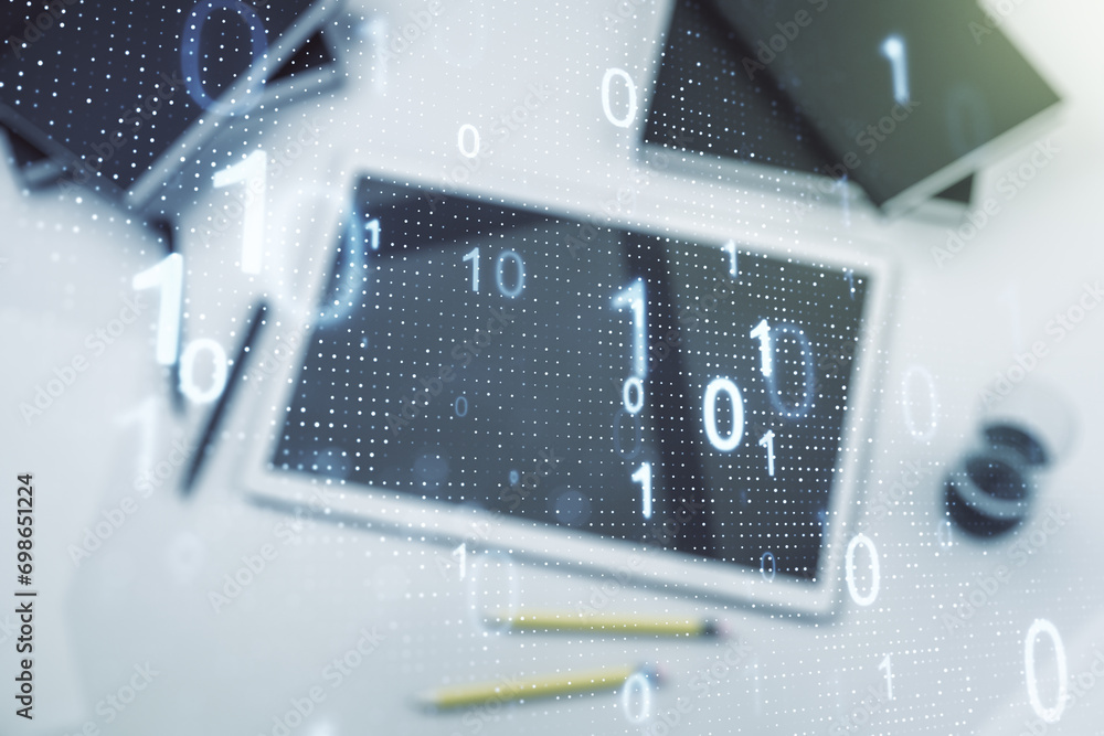 Leinwandbilder double exposure of creative abstract binary code hologram and digital tablet on background, top view