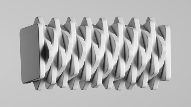 Abstract minimalist white background. Flat geometric shapes linked together, spin and rotate. Cycled 3d animation