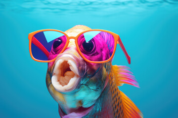 Funny fish wearing sunglasses with a colorful and bright background - obrazy, fototapety, plakaty
