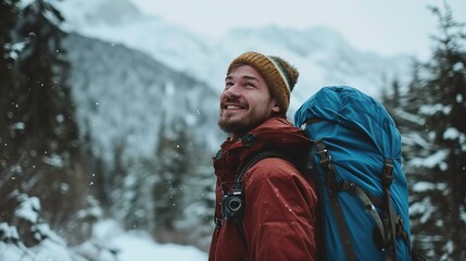 smiling man look at the camera with a big blue backpack, on his shoulders walking through the winter mountains