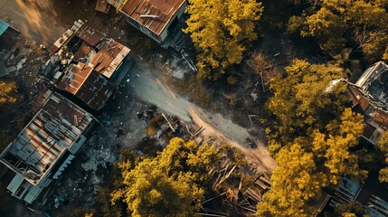 an aerial view of a destroyed building