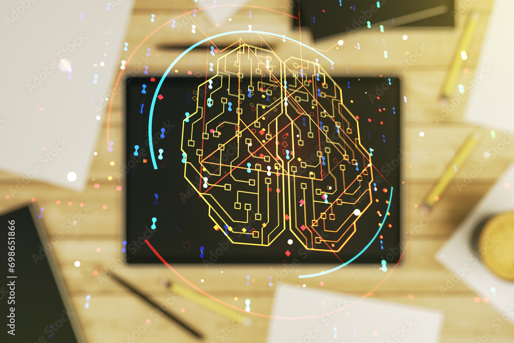 Poster double exposure of creative artificial intelligence symbol and digital tablet on background, top vie