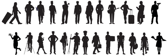 People with various occupations professions standing together in row vector flat black silhouettes set collection.