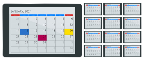 Calendar planner for 2024. Calendar template for 2024. Stationery Design Print Templat