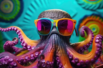 Gordijnen Funny octopus wearing sunglasses with a colorful and bright background © Kien