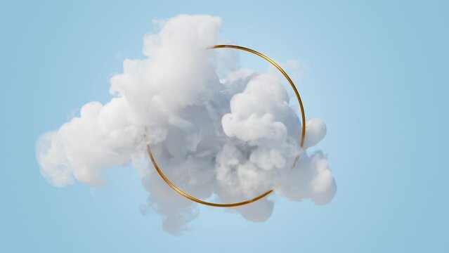Abstract minimalist geometric wallpaper. Flowing white smoke around the gold round frame isolated on blue background. Cycled 3d animation