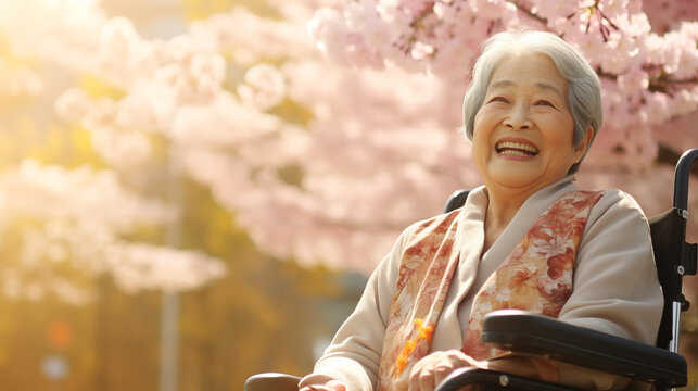 車いすで桜を見るおばあさん