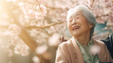 車いすで桜を見るおばあさん - obrazy, fototapety, plakaty