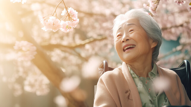 車いすで桜を見るおばあさん