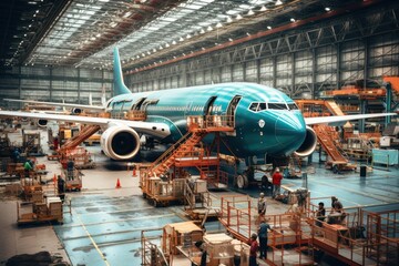 Passenger airplane on maintenance of engine and fuselage check repair in airport hangar. Inside aerospace hangar. Large passenger aircraft on service in an aviation hangar - obrazy, fototapety, plakaty
