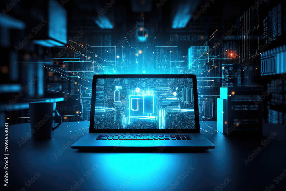 Poster cybersecurity in a tech environment, this photo showcases a modern computer in a room, highlighting 