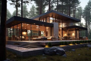 Obraz premium House or hotel with panoramic windows in pine forest. Beautiful summer evening. Nature or resting and travel concept