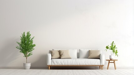 Fototapeta na wymiar empty white wall for writing, minimalist beige living room interior, sofa on wooden floor,