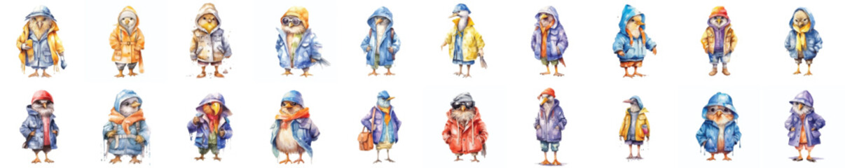 Fototapeta na wymiar watercolor bird wearing clothes playfull funny white background isolated. vector illustration