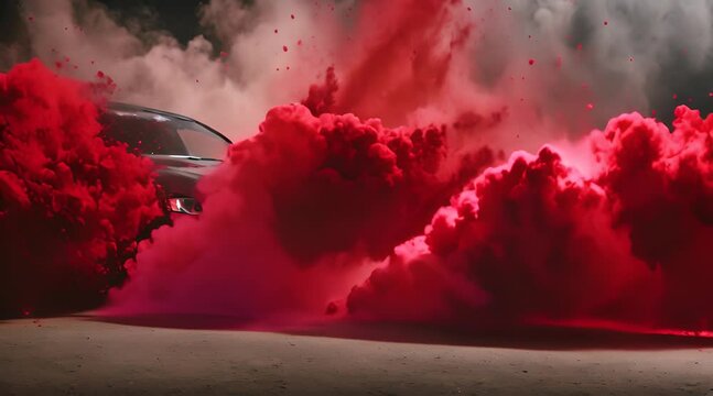 Red powder exploding on black new car, cinematic car trailer reveal