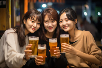 Korean Young Girls Share Smiles and Toast with Beers, Celebrating Friendship and Happiness.