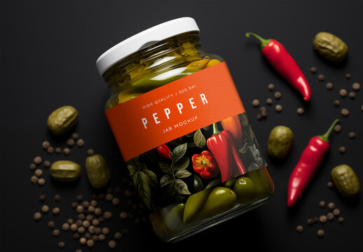 Glass Jar Mockup with Pickled Peppers &ndash; Realistic Packaging Scene for Spicy Food Branding, Label Design, and Grocery Product Presentation