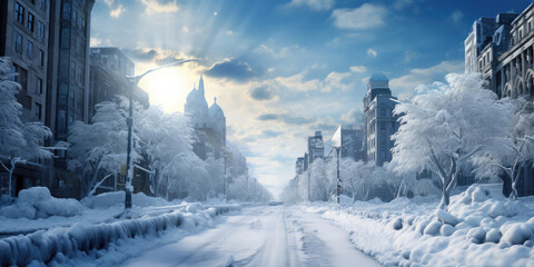 Snow covered city street after heavy snowfall. Snowdrifts on the sidewalks and icy trees. - obrazy, fototapety, plakaty
