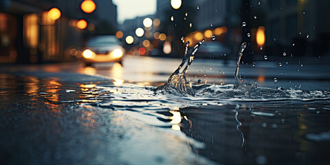 Close-up of a large puddle on a city street after heavy rain with blurred cars in the background.