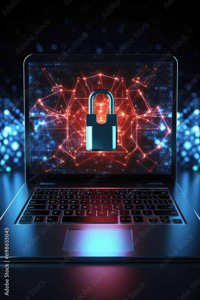 Poster an illustrative representation on a laptop screen, emphasizing the importance of cybersecurity and d