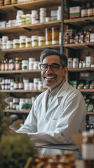 Smiling male pharmacist in drugstore store Generative AI	
