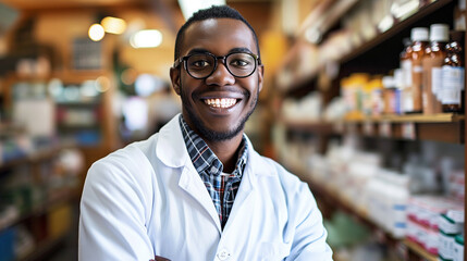 Smiling male pharmacist in drugstore store Generative AI	
 - obrazy, fototapety, plakaty