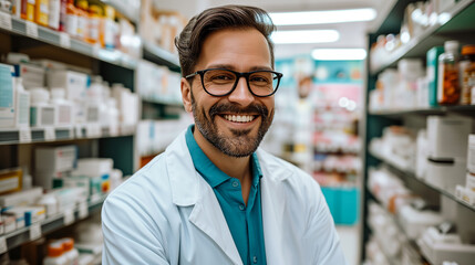 Smiling male pharmacist in drugstore store Generative AI	
 - obrazy, fototapety, plakaty