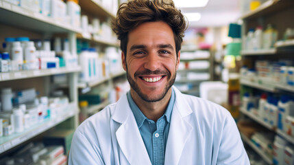 Fototapeta na wymiar Smiling male pharmacist in drugstore store Generative AI 