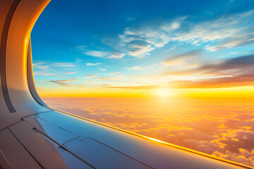 View from an airplane window during flight, showing a beautiful sunset with orange and blue skies above fluffy white clouds