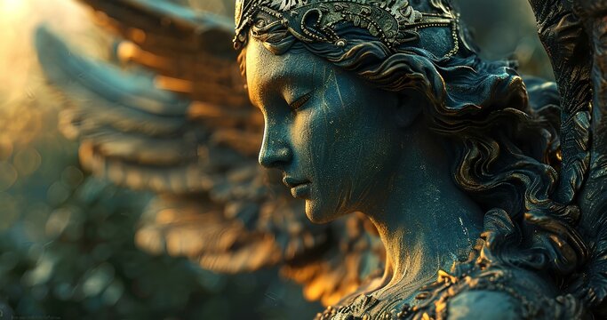 an artistic statue, seraphic beauty and wisdom, mix of classical and nightmare art. generative AI