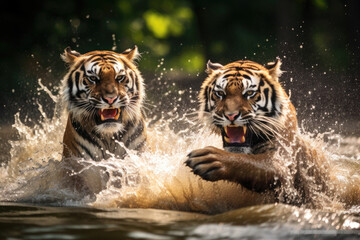 Fototapeta na wymiar tigers fighting in the nature