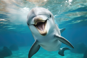happy smiling baby dolphin swimming in the ocean