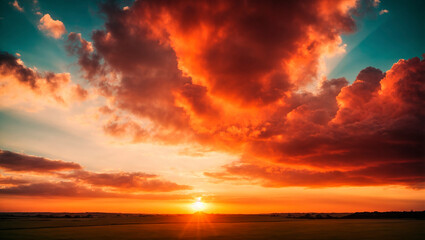 Red clouds in the rays of the setting sun