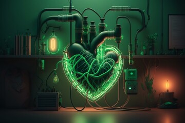 Illustration of heart with pipes and green light in room. Generative AI