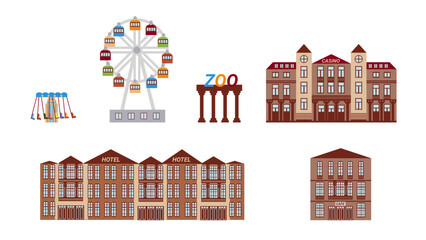Fototapeta premium Elements of modern entertainment infrastructure, a set of icons with a casino, a hotel and a cafe, a carousel, a zoo and a Ferris wheel, in a flat style for the design of urban maps, urban info