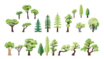 Сollection of icons of deciduous and coniferous trees, hand-drawn in a flat style and isolated on a white background for the design and decoration of maps, elements of urban and park infrastructure