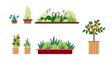 Set of icons of summer bushes with flowers and trees in tubs, hand-drawn in a flat style for the design and decoration of maps, urban and park infrastructure