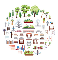 Collection of elements of urban and park infrastructure with icons of lanterns, children's slides and gazebos. Set of flat-style illustrations for the design of maps and drawings of urban life. - obrazy, fototapety, plakaty