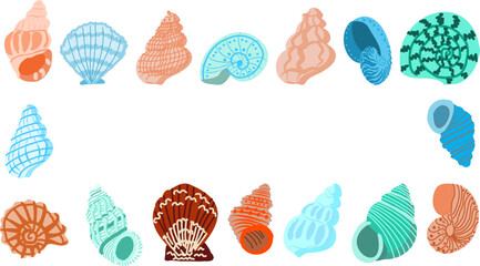  horizontal frame with hand-drawn seashells in a flat cartoon style