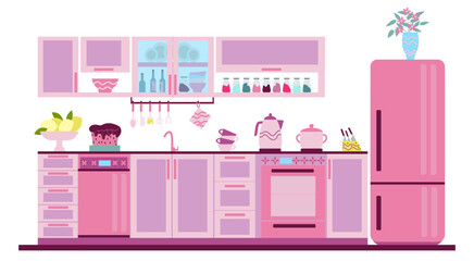 Cozy pink kitchen. Set of pink kitchen furniture and accessories with an illustration of a cozy dollhouse in a flat cartoon style.