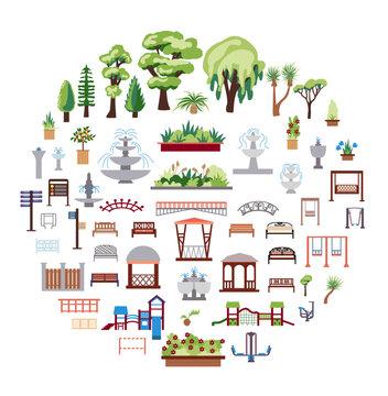 Collection of elements of urban and park infrastructure with icons of lanterns, children's slides and gazebos. Set of flat-style illustrations for the design of maps and drawings of urban life.