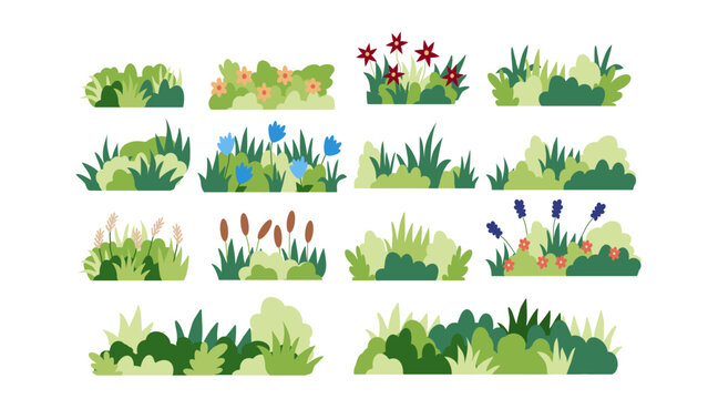 Set of icons of summer bushes with flowers in a flat style for the design and decoration of maps and urban and park