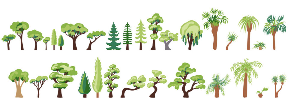 Large vector set of icons of deciduous coniferous trees palms and dracaena hand-drawn in a flat style and isolated on a white background for the design and decor of maps and park and urban info