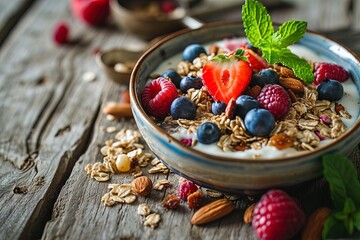 A bowl of cereal with milk and fruit and nuts. Great for stories about health, nutrition, dieting, cholesterol, fitness and more.