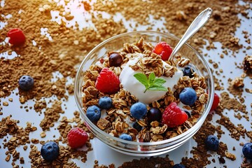 A bowl of cereal with milk and fruit and nuts. Great for stories about health, nutrition, dieting, cholesterol, fitness and more.