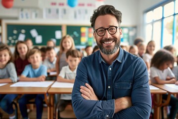 Smiling male teacher in a class at elementary school with learning students on background. - obrazy, fototapety, plakaty