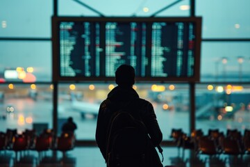 View of back man looking at his flight on screen in airport - obrazy, fototapety, plakaty