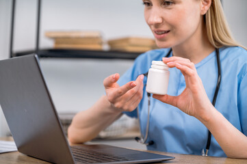 doctor female prescribe medication to patient by video call