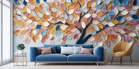A modern cozy living room with a large colorful tree mural, modern furniture, and natural light.